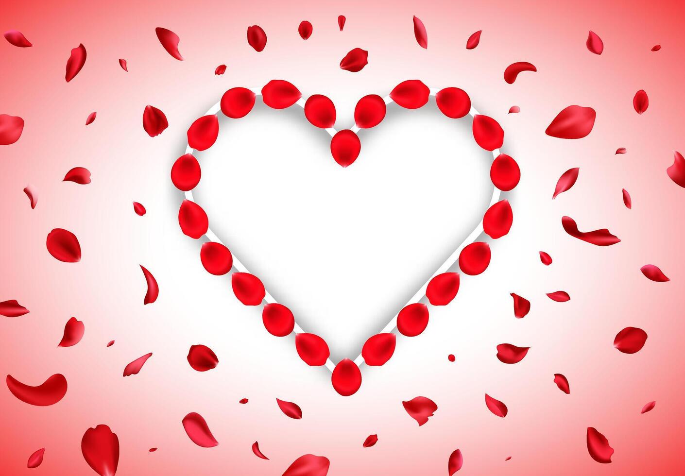 Rose petal falling. Confetti petal. Petals in the shape of a heart. Valentines day card design vector