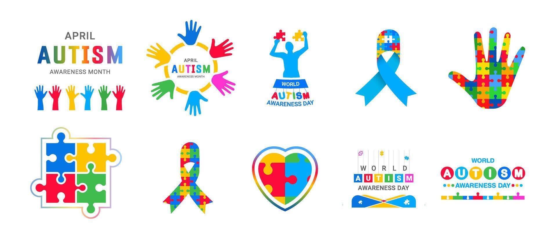 Set of world autism day illustrations. 2 April world autism awareness day background design bundle. puzzles, head, child, heart, hand, ribbon, etc. vector