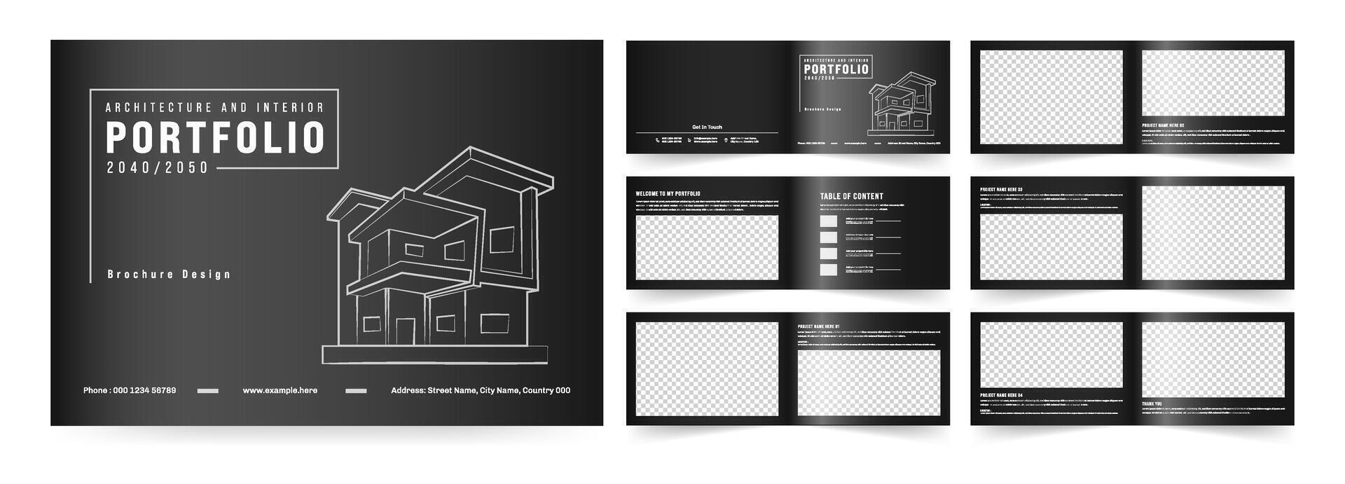 Landscape Architecture and Interior Design Brochure, Black Portfolio Layout, a4 standard size print ready brochure template. vector