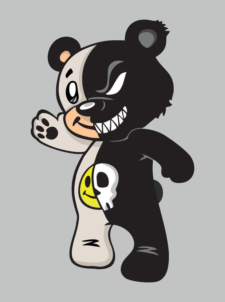 Graphic and cartoon style illustration of a half-good, half-evil bear. Casual art. vector
