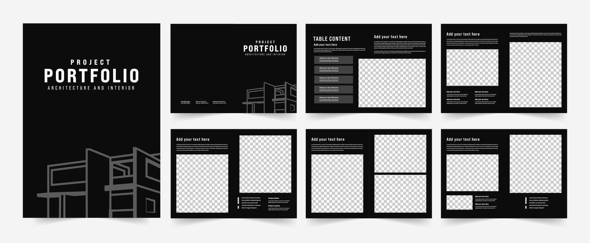 Architecture Portfolio Magazine Design, Black Portfolio Layout vector