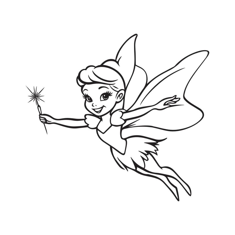 Tinker Bell Outline Design, Tinkerbell Clipart, Tinker bell holding her wand Illustration in black and white vector