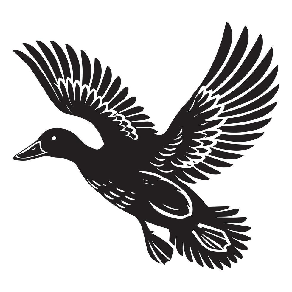American Black Duck Silhouette, Black Duck Clipart, American black duck flying wings partially illustration in black and white vector