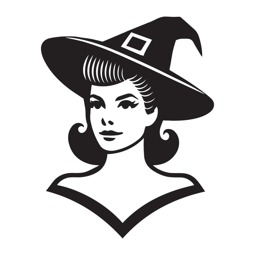 Vintage Retro Woman Face Clipart, Retro Housewife Silhouette, Vintage Woman wearing a witch hat illustration in black and white vector