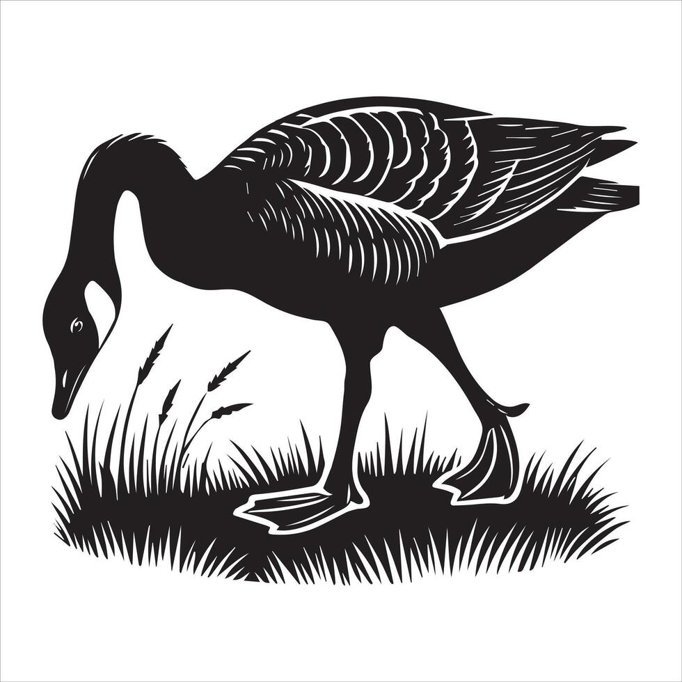 Canada goose Silhouette, Branta Canadensis Clipart, Canada Goose grazing on grass Illustration black and white vector