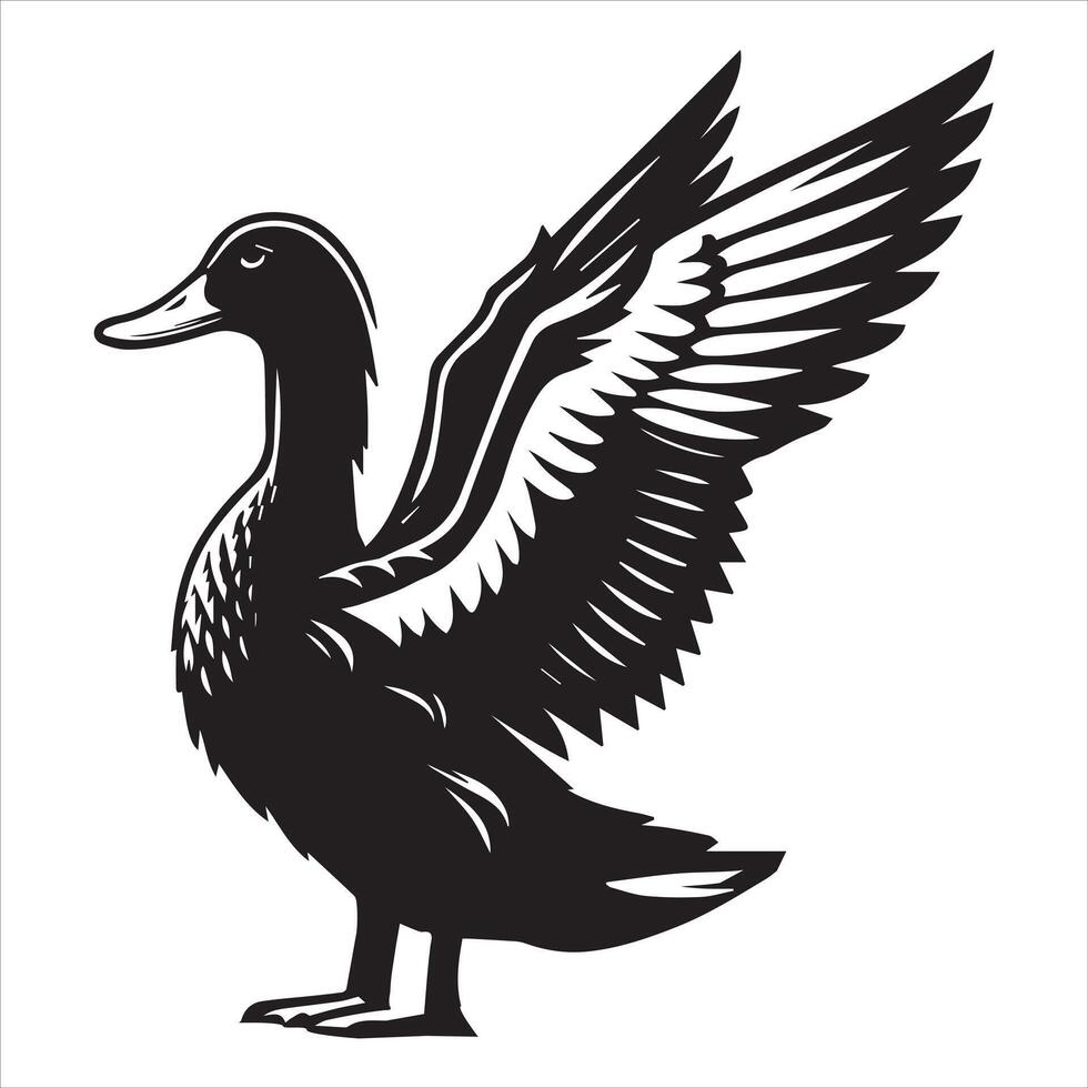 American Black Duck Silhouette, Black Duck Clipart, American Black Duck stretching one wing out illustration in black and white vector