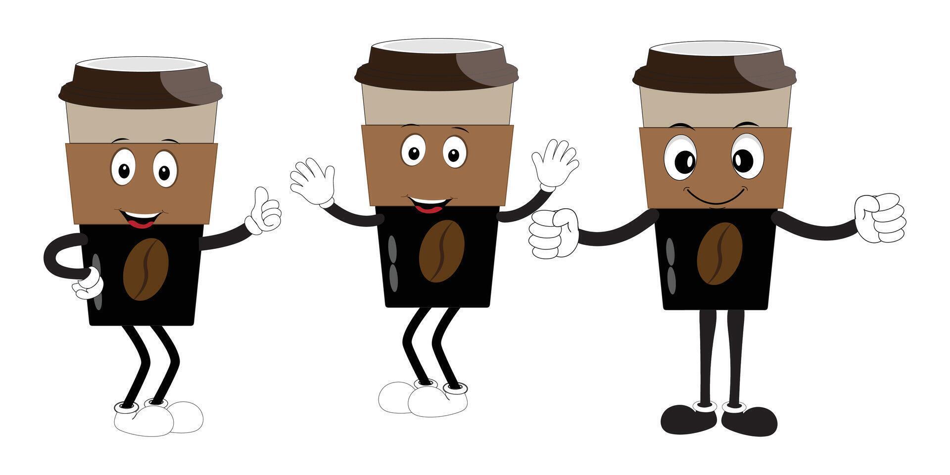 Coffee cup mascot character set, funny coffee cups with different facial expressions and poses. Funny colorful characters in doodle style vector