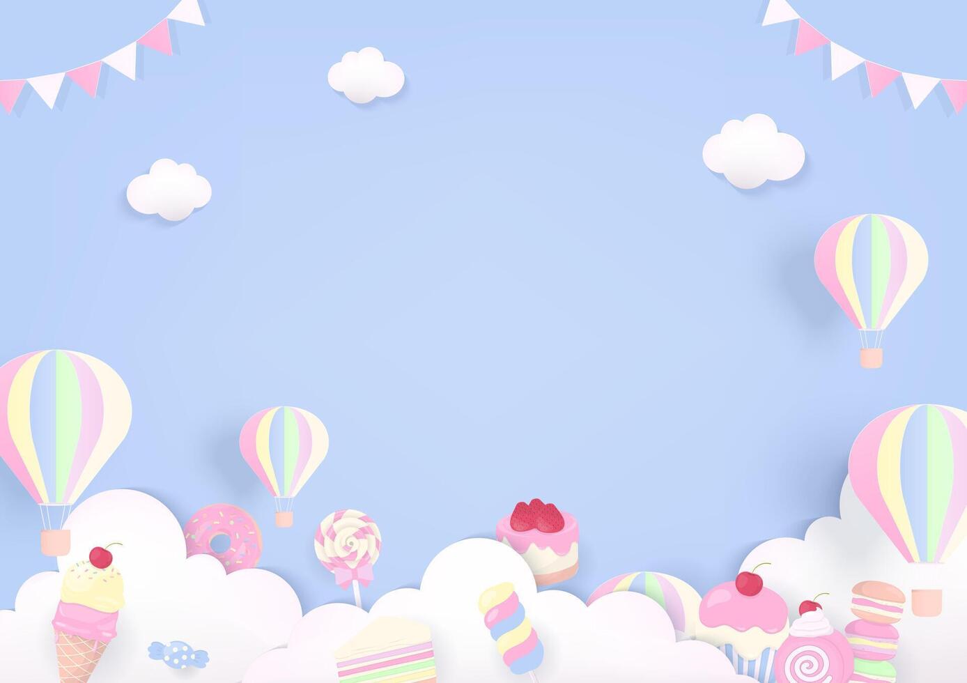 Dessert and cloud with hot air balloon background vector