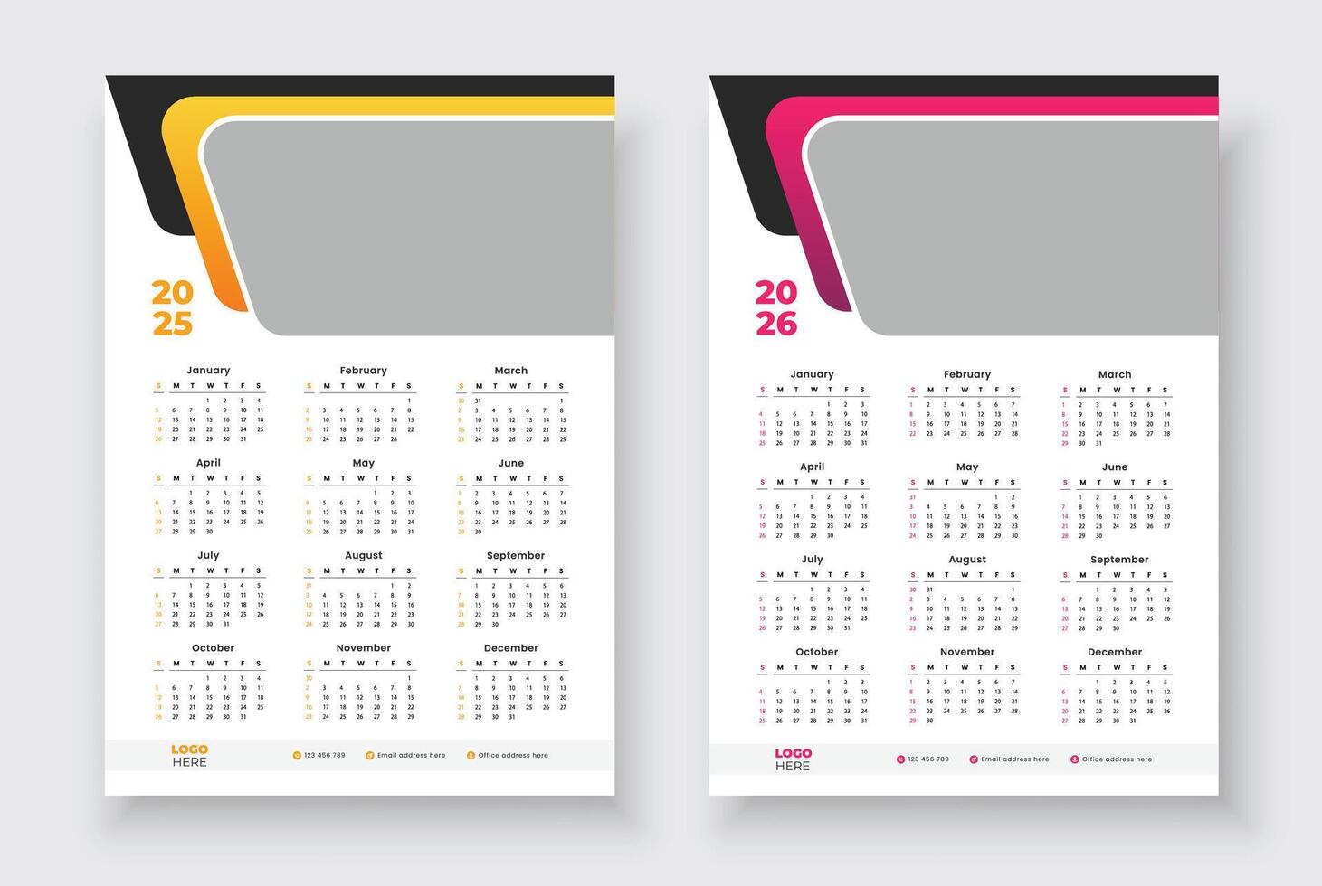 2025, 2026 years calendar, One page wall calendar template design. Minimalist style calendar. Modern 12 months one page calendar. vector