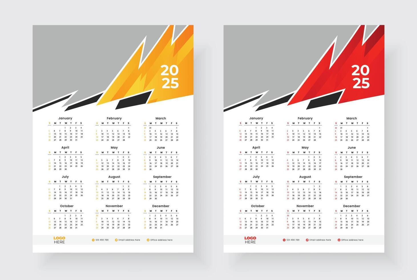 2025 One page wall calendar design template, Minimalist style calendar, Week starts on Sunday. vector