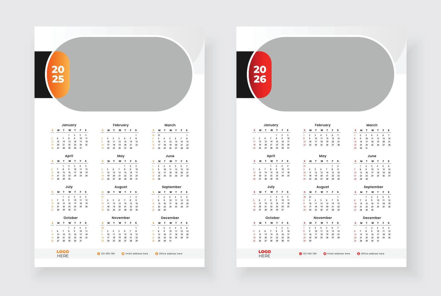 One page wall calendar for 2025, 2026. Week starts on Sunday. One page wall calendar template design. Minimalist style calendar. vector