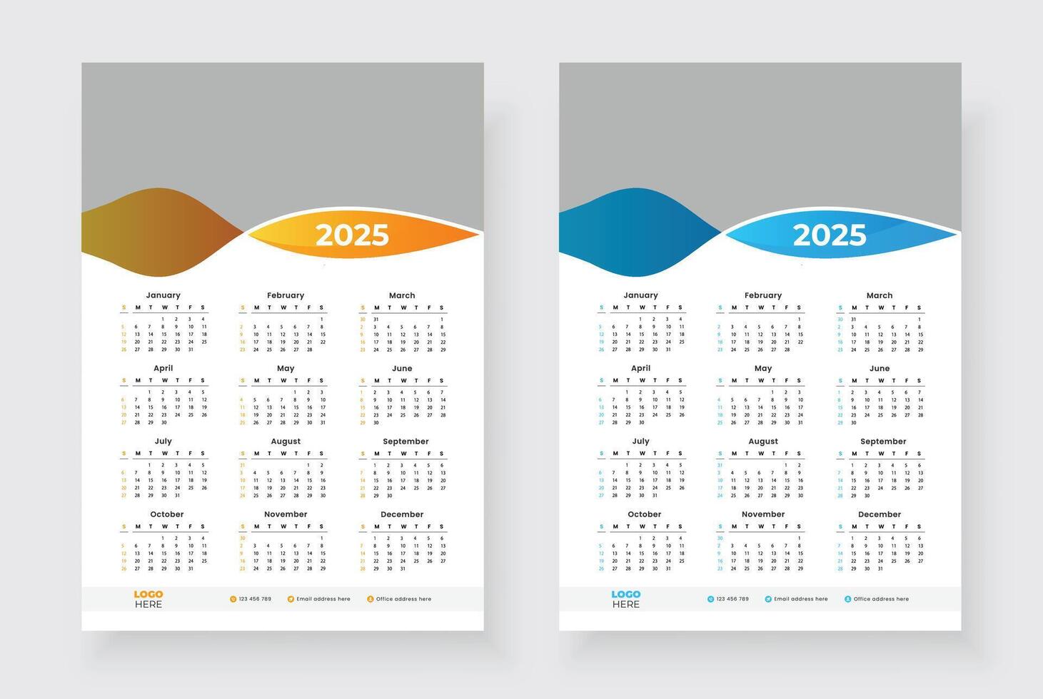 2025 one page calendar design template, Week starts on Sunday, Modern