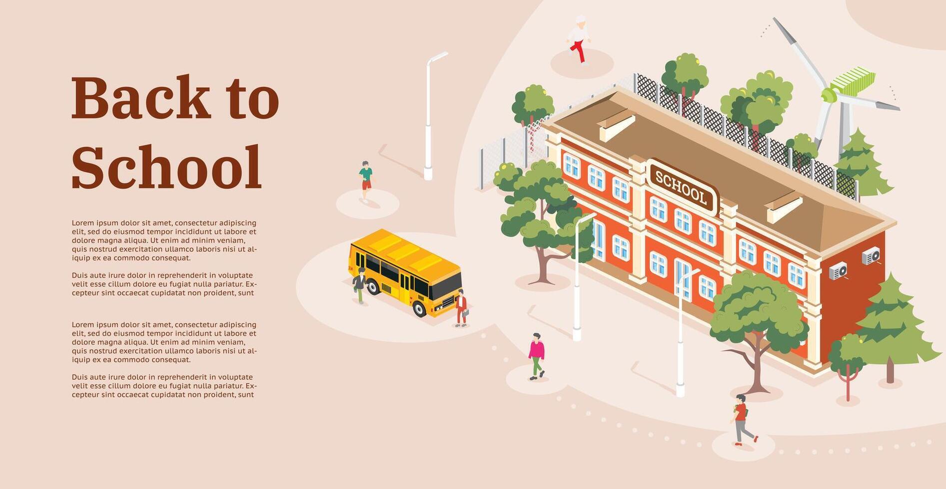 Back to school. Isometric school building with Wind turbine. Trees and Road. People go to the school. Yellow bus. Landing page. vector