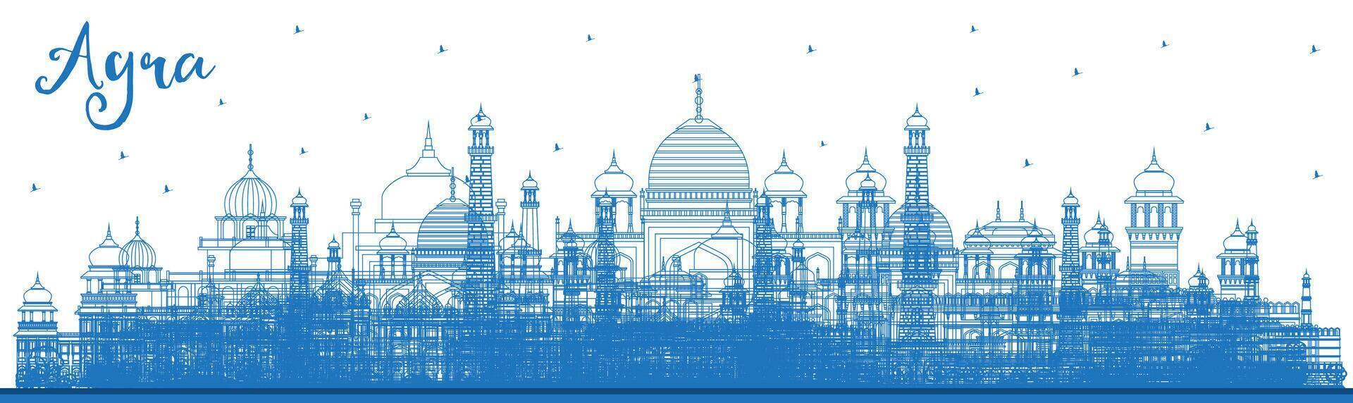 Outline Agra India City Skyline with Blue Buildings. Business Travel and Tourism Concept with Historic Architecture. Agra Uttar Pradesh Cityscape with Landmarks. vector