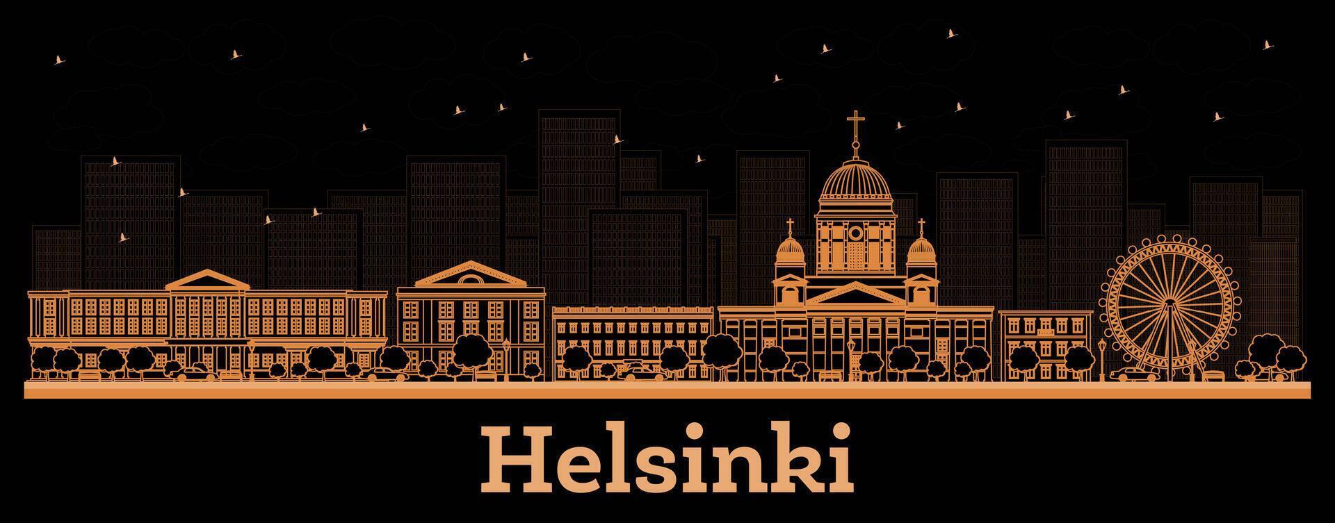 Outline Helsinki Finland City Skyline with orange Buildings. Business Travel and Tourism Concept with Historic Architecture. Helsinki Cityscape with Landmarks. vector