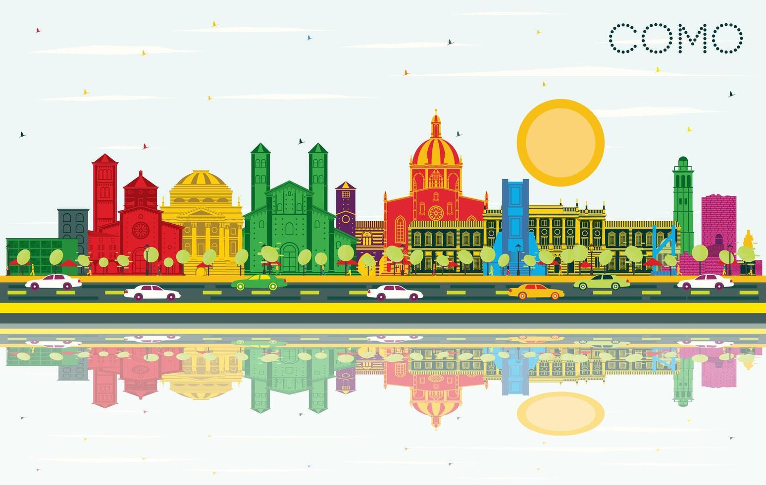 Como Italy City Skyline with Color Buildings, Blue Sky and Reflections. Business Travel and Concept with Historic Architecture. Como Cityscape with Landmarks. vector