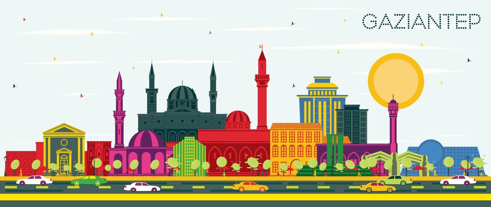 Gaziantep Turkey City Skyline with Color Buildings and Blue Sky. Business Travel and Concept with Historic Architecture. Gaziantep Cityscape with Landmarks. vector
