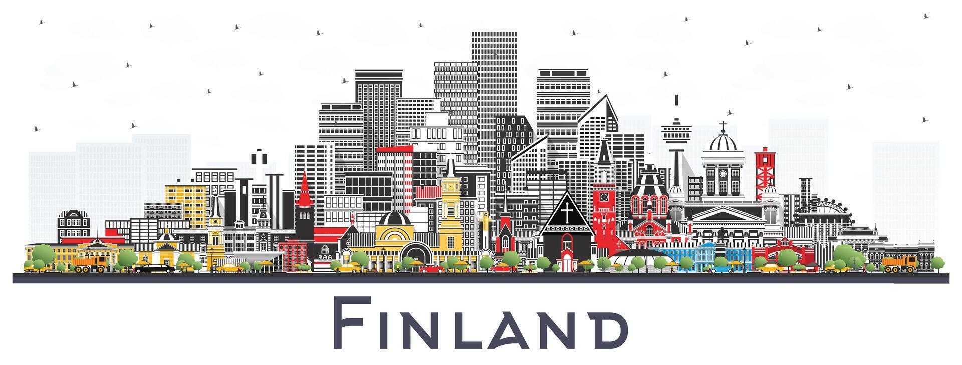 Finland city skyline with color buildings isolated on white. Concept with historic and modern architecture. Finland cityscape with landmarks. Helsinki. Espoo. Vantaa. Oulu. Turku. vector