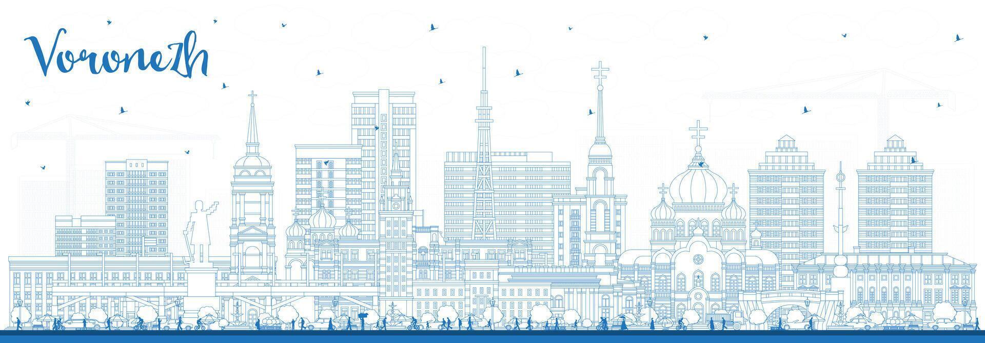 Outline Voronezh Russia city skyline with blue buildings. Voronezh cityscape with landmarks. Business travel and tourism concept with modern and historic architecture. vector