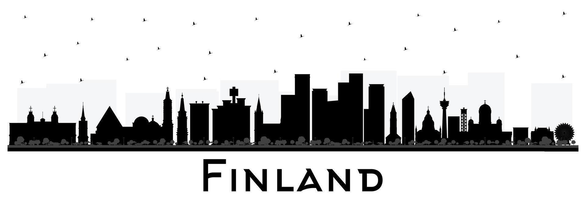 Finland city skyline silhouette with black buildings isolated on white. Concept with historic architecture. Finland cityscape with landmarks. Helsinki. Espoo. Vantaa. Oulu. Turku. vector