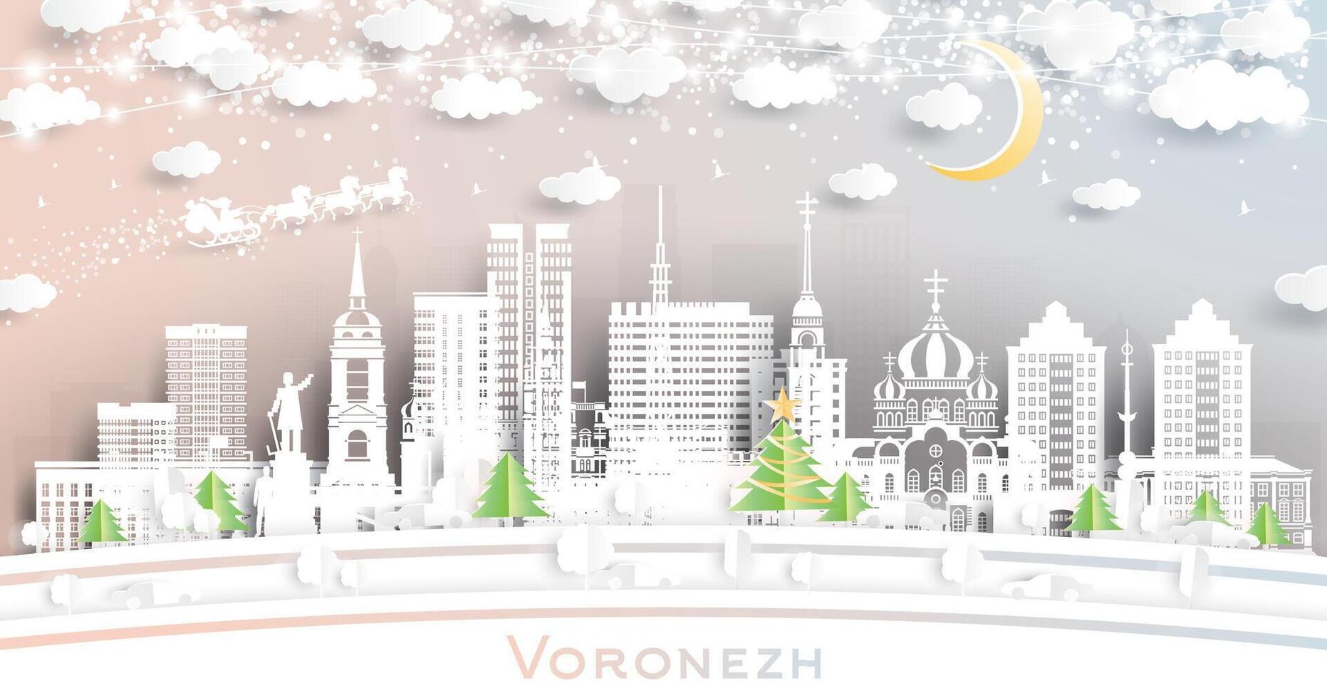 Voronezh Russia. Winter city skyline in paper cut style with snowflakes, moon and neon garland. Christmas and new year concept. Santa Claus on sleigh. Voronezh cityscape with landmarks. vector