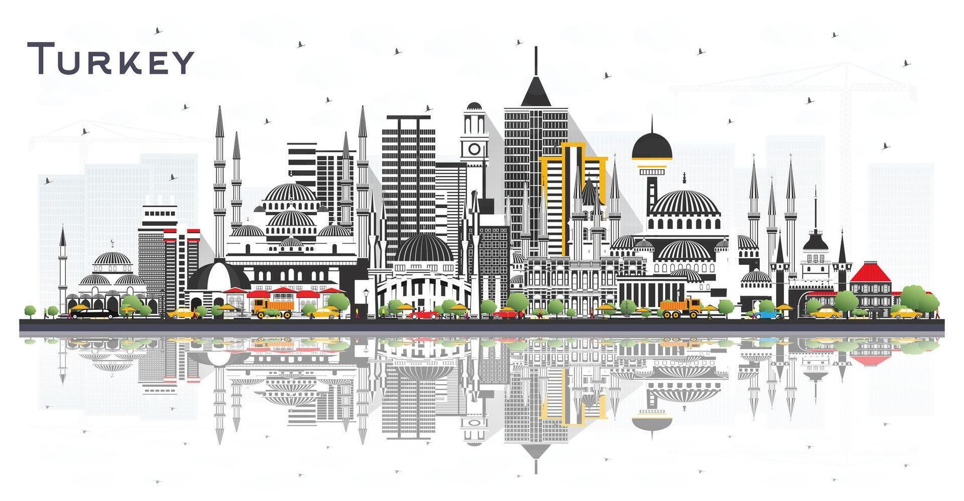 Turkey City Skyline with Color Buildings and reflections Isolated on White. Tourism Concept with Historic Architecture. Turkey Cityscape with Landmarks. Izmir. Ankara. Istanbul. vector