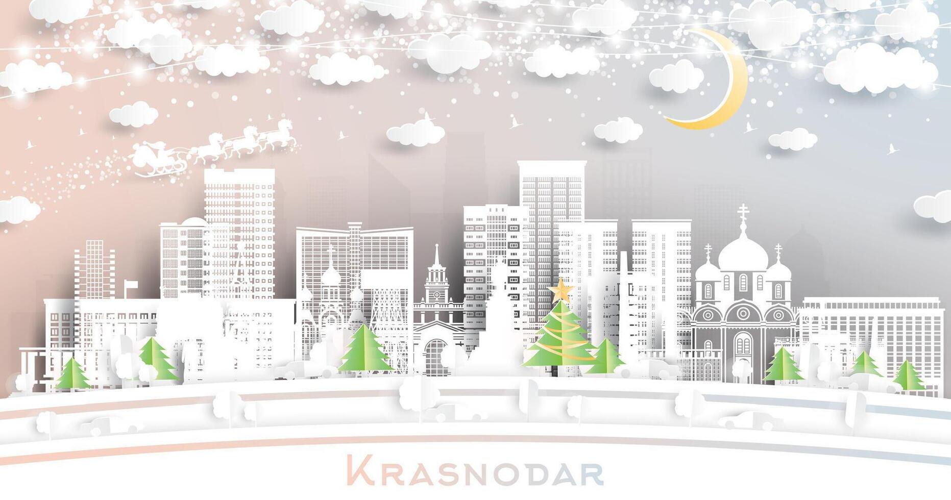 Krasnodar Russia. Winter city skyline in paper cut style with snowflakes, moon and neon garland. Christmas and new year concept. Santa Claus on sleigh. Krasnodar cityscape with landmarks. vector