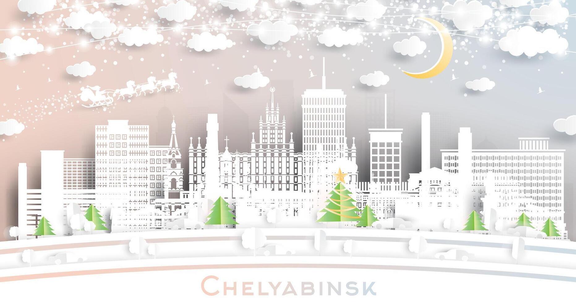 Chelyabinsk Russia. Winter city skyline in paper cut style with snowflakes, moon and neon garland. Christmas and new year concept. Santa Claus on sleigh. Chelyabinsk cityscape with landmarks. vector