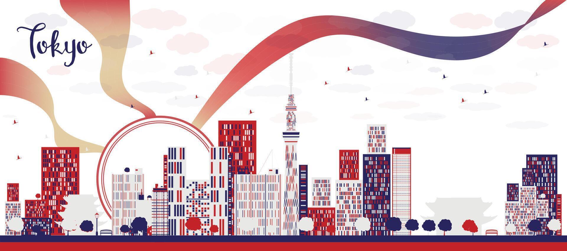 Tokyo Japan city skyline with skyscrapers and sun. Cityscape with landmarks. vector
