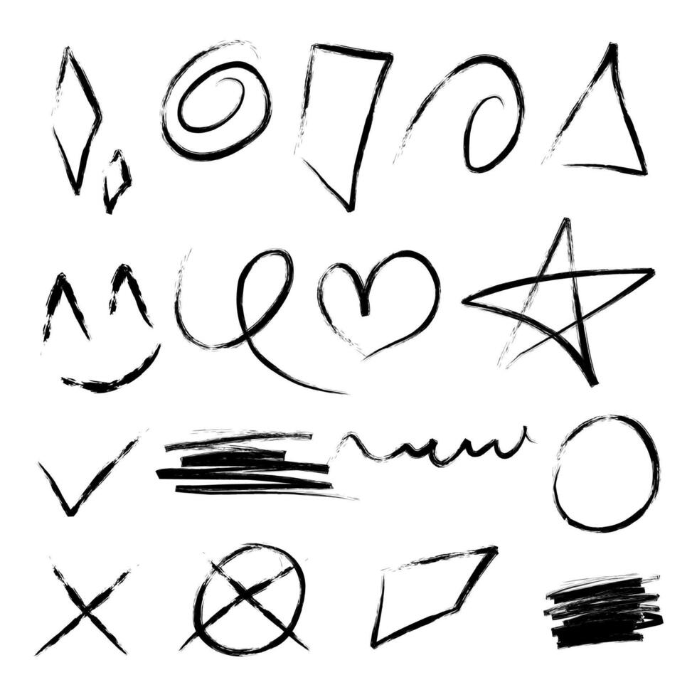 Different diary scribble Lines and elements. Underline, rough brush strokes, star, check mark, heart, triangle and abstract lines. vector