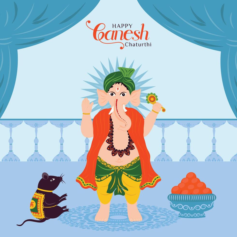 Ganesha Blessing Pose Post With Festive Background For Ganesh Chaturthi vector
