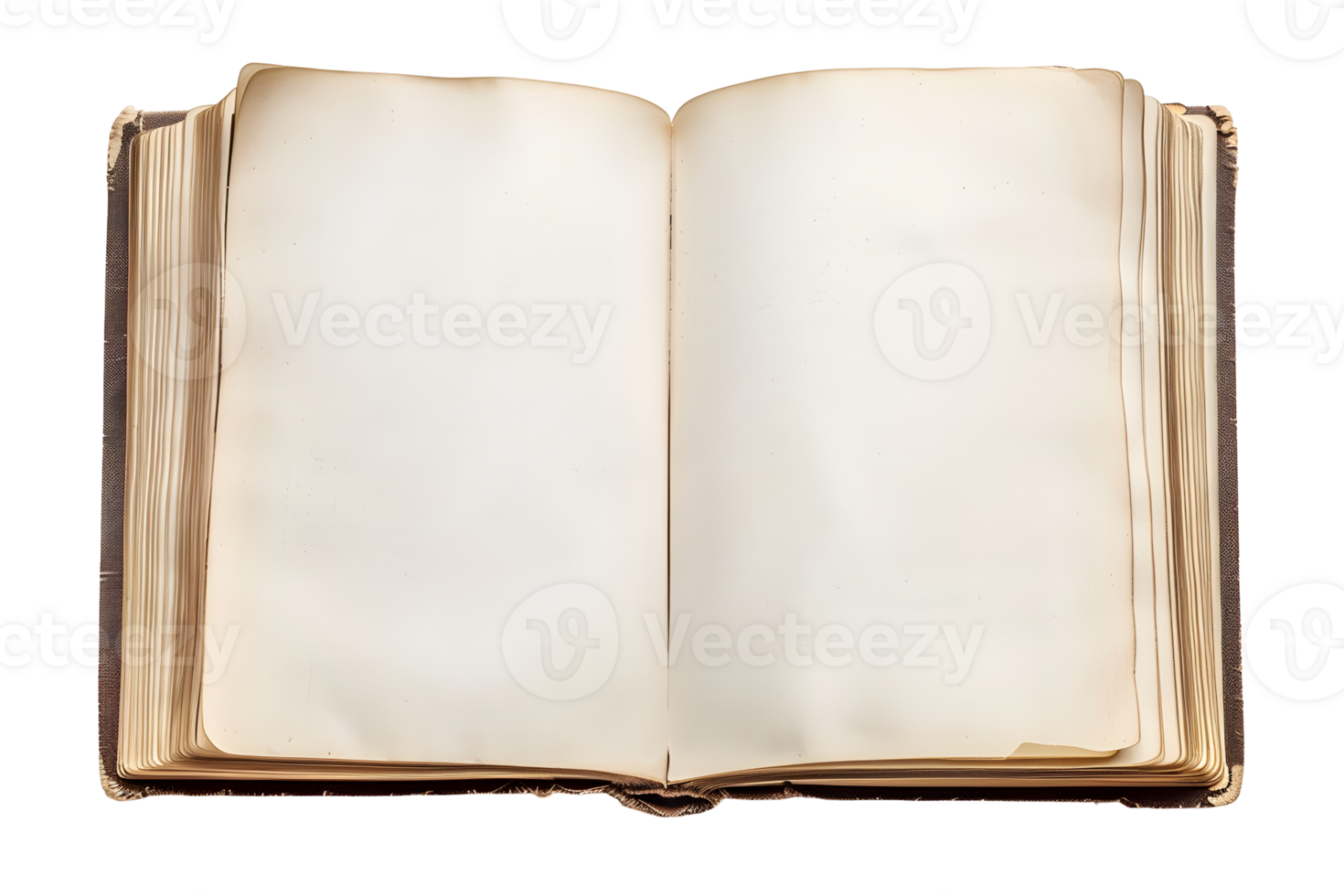 Open old blank book mockup with used paper pages isolated on transparent background. Flat lay , cutout. png