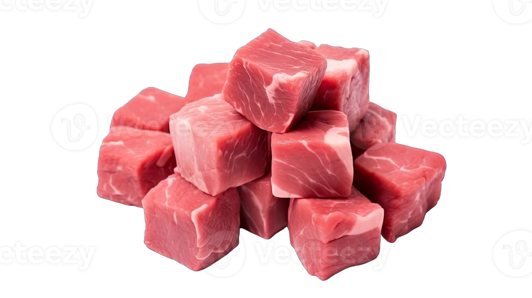 . Cubes of raw beef meat isolated on a transparent background. png