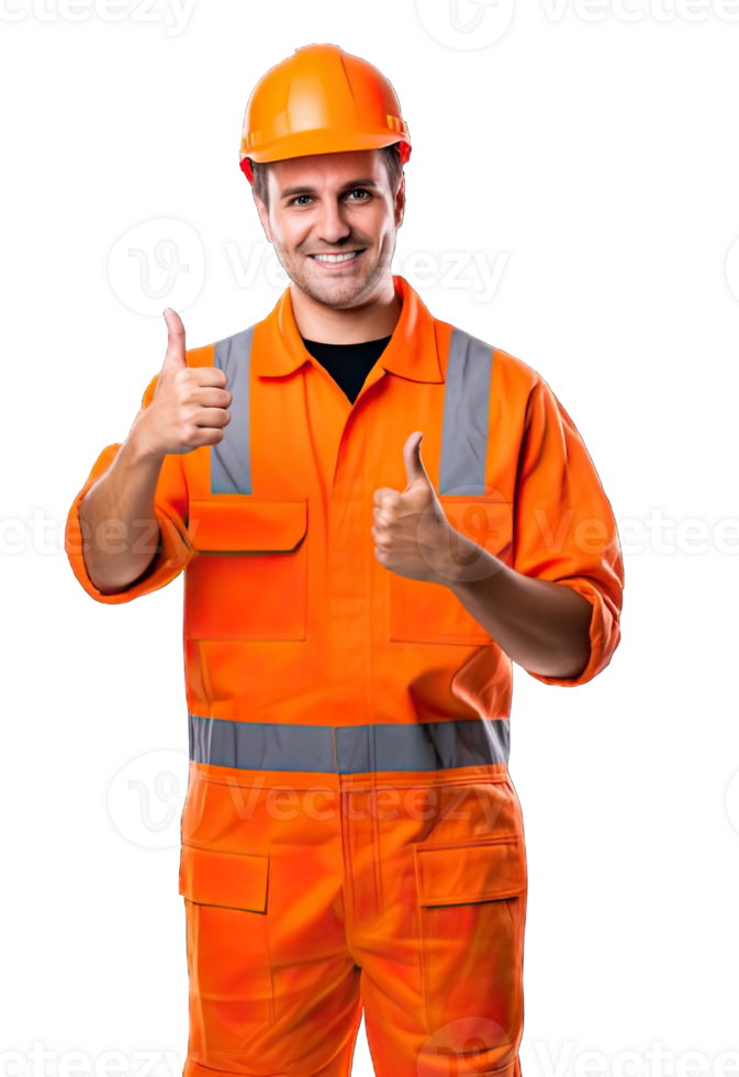 . Male employee in an orange uniform is smiling isolated on a transparent background. png