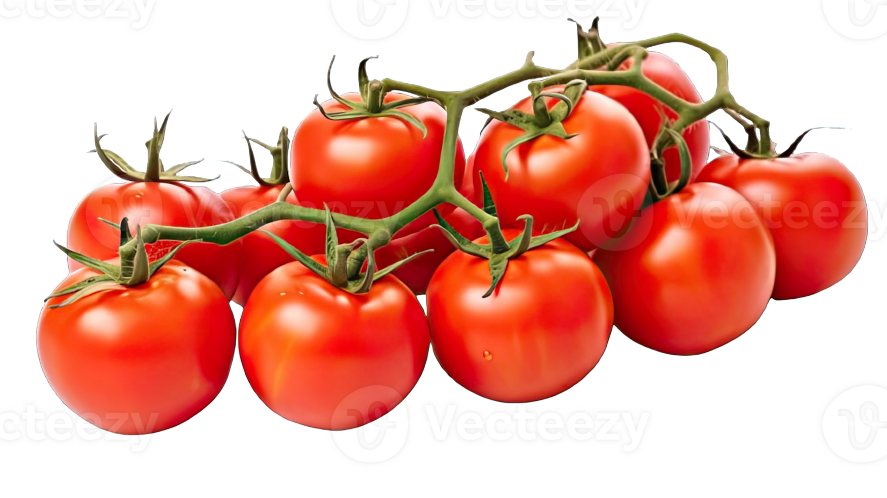 . Bunch of ripe juicy red tomatoes on the vine isolated on a transparent background. png