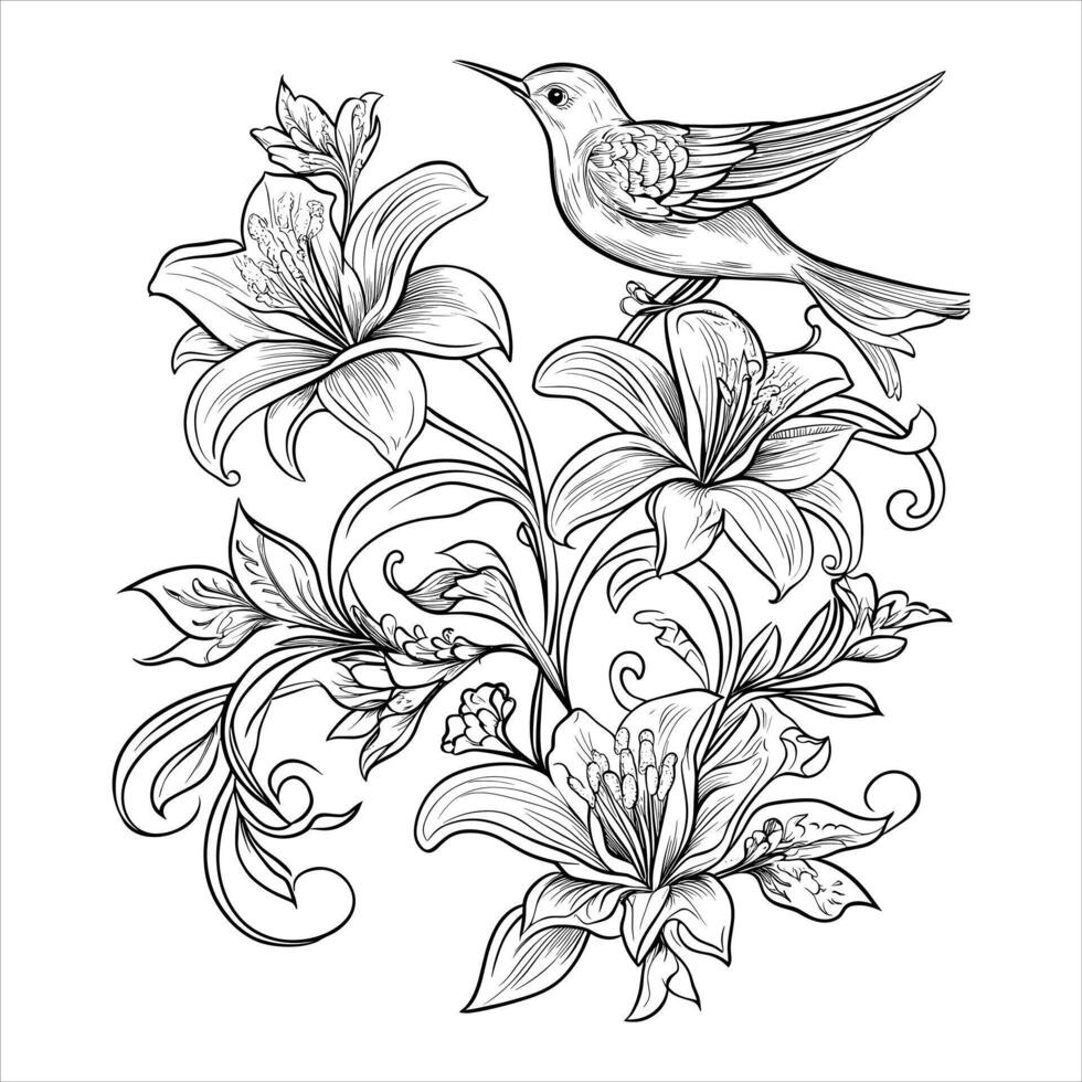 A hummingbird is perched on a flower with a branch. coloring page for adult. vector
