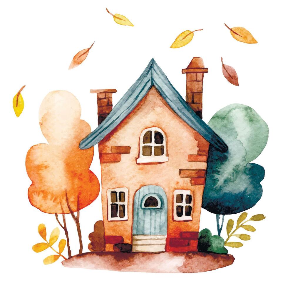 cute autumn house. watercolor illustration with a house with autumn leaves and trees. vector