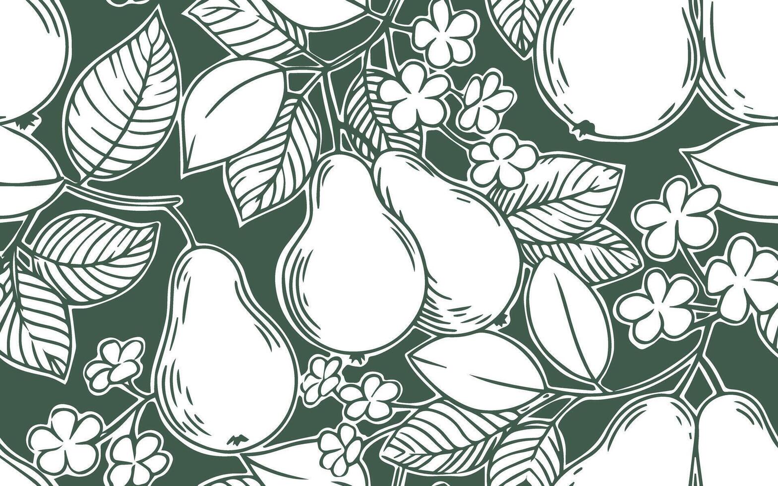 seamless monochrome pattern with pears. flowers, leaves and pear fruits, abstract print vector