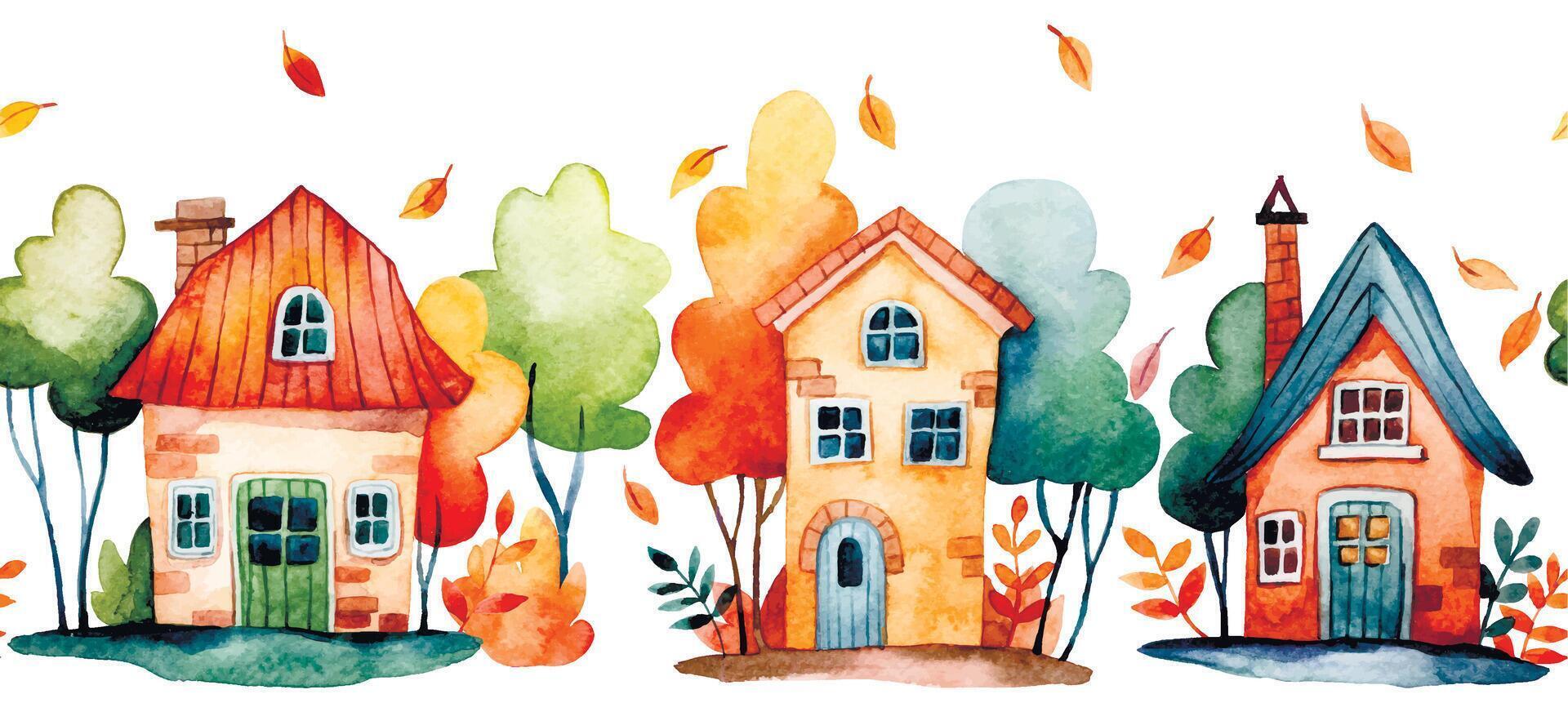 set of cute autumn houses. watercolor illustration with houses, autumn leaves and trees vector