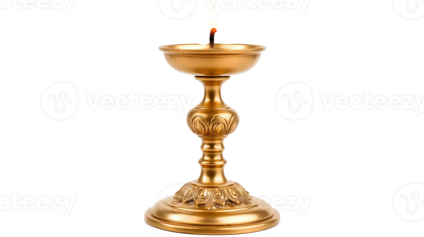 A gold candle holder with a lit candle inside. The candle is yellow and has a red tip. Concept of warmth and comfort, as the candle provides light png
