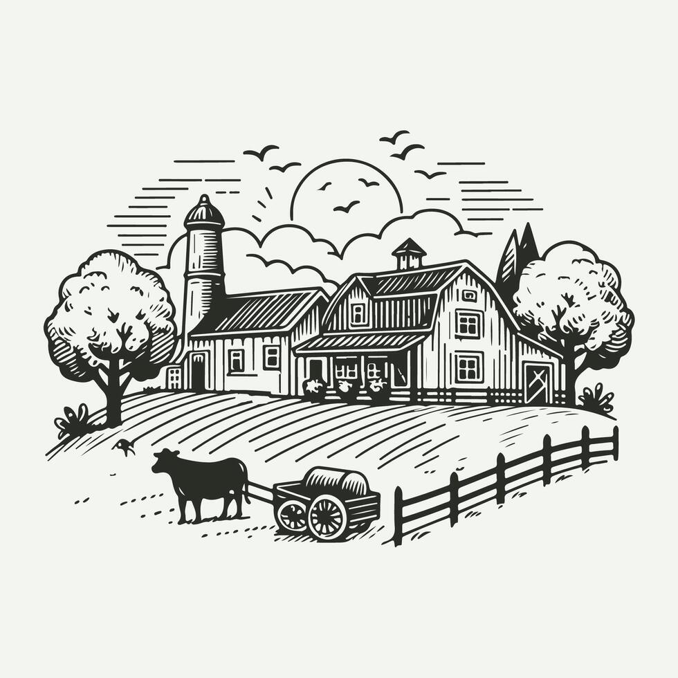 Farm Sketch Rustic Hand Drawn Rural Art vector