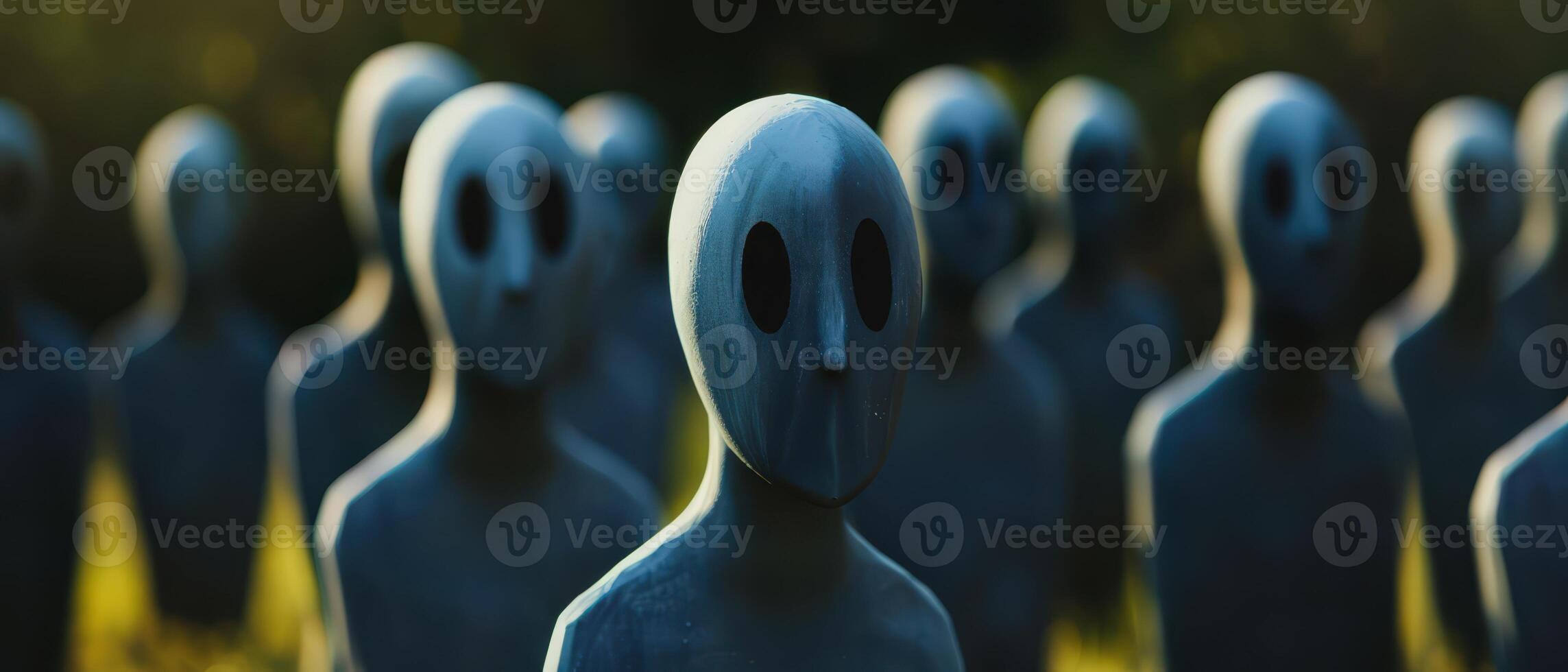 Blue Faceless Figures Standing In a Row During the Day photo