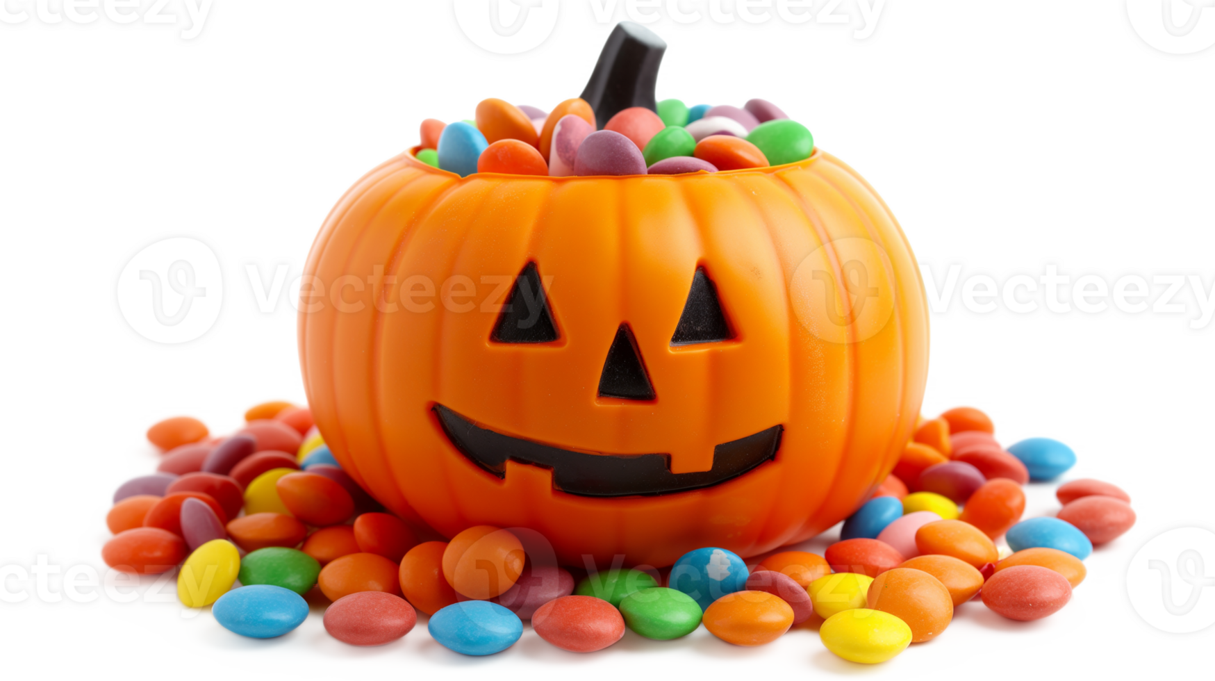 A pumpkin with a face on it is covered in a pile of candy. Scene is festive and playful, as it is a Halloween decoration png