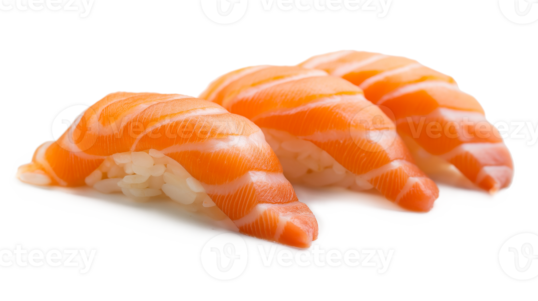 Four pieces of sushi with rice and salmon. The sushi is arranged in a row png