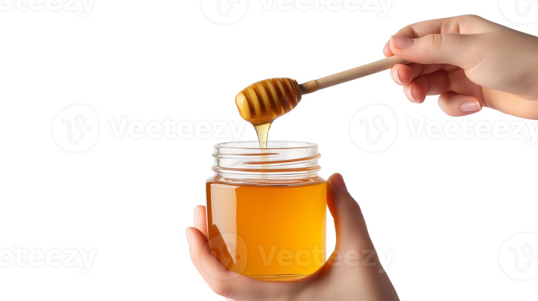 A jar of honey is being held by a person. The jar is filled with honey and has a wooden lid. Concept of messiness and stickiness png