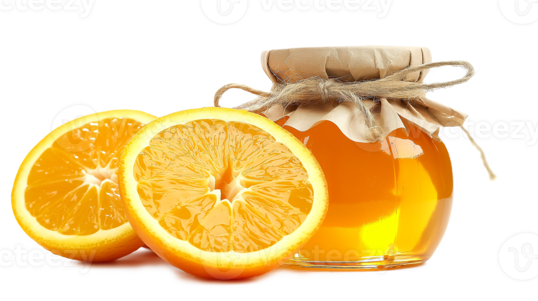 A jar of orange jam is on a table with oranges and leaves. The jar is filled with a yellowish liquid and the oranges are sliced png
