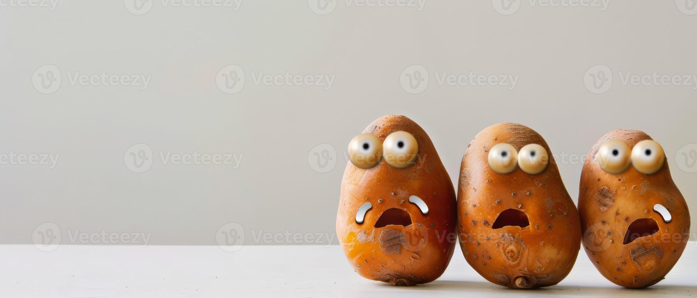 Three Potatoes With Googly Eyes Look Scared on White Countertop photo