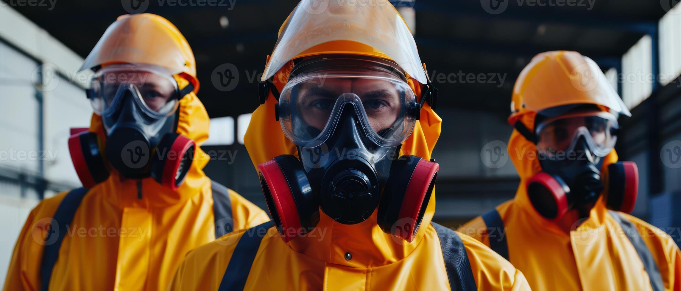 Three Workers Wearing Full Hazmat Suits and Respirators Inside a Building photo