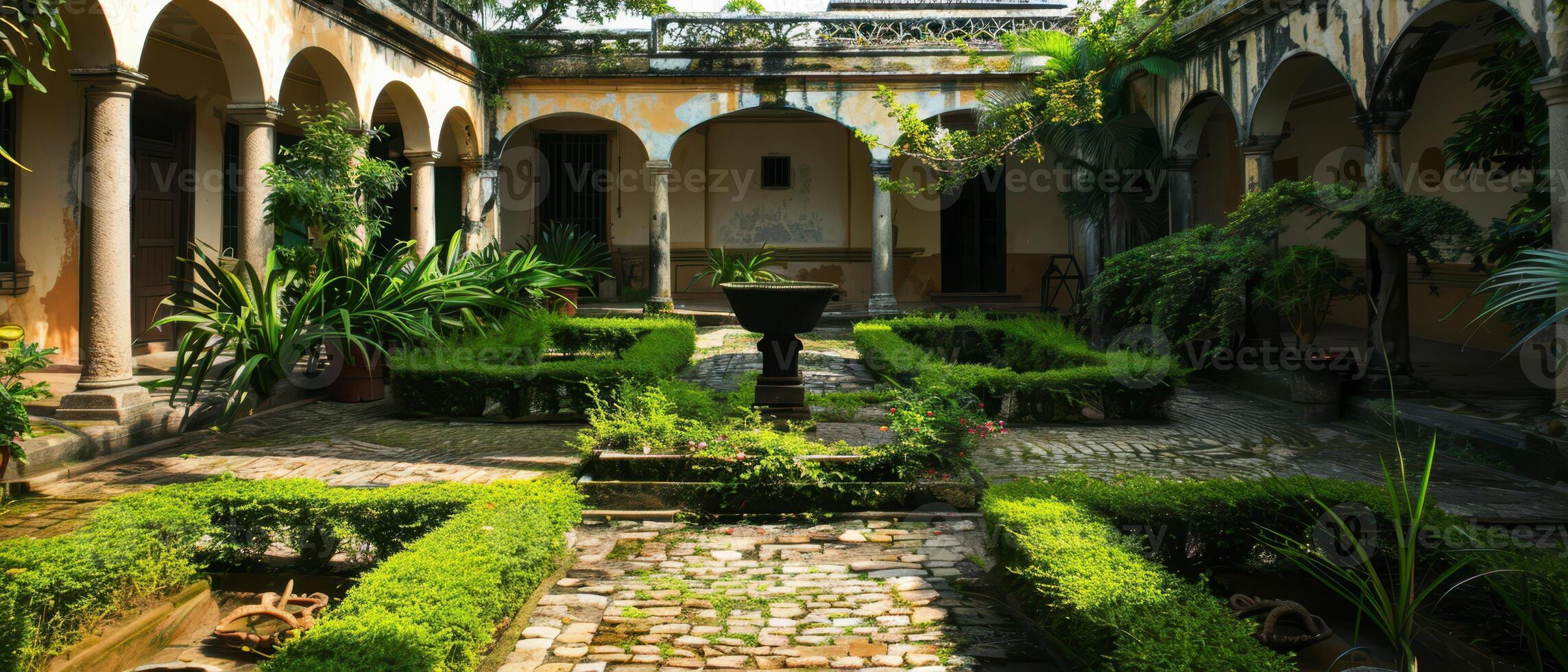 A Stone Courtyard Garden in an Old Colonial Building With Lush Greenery photo