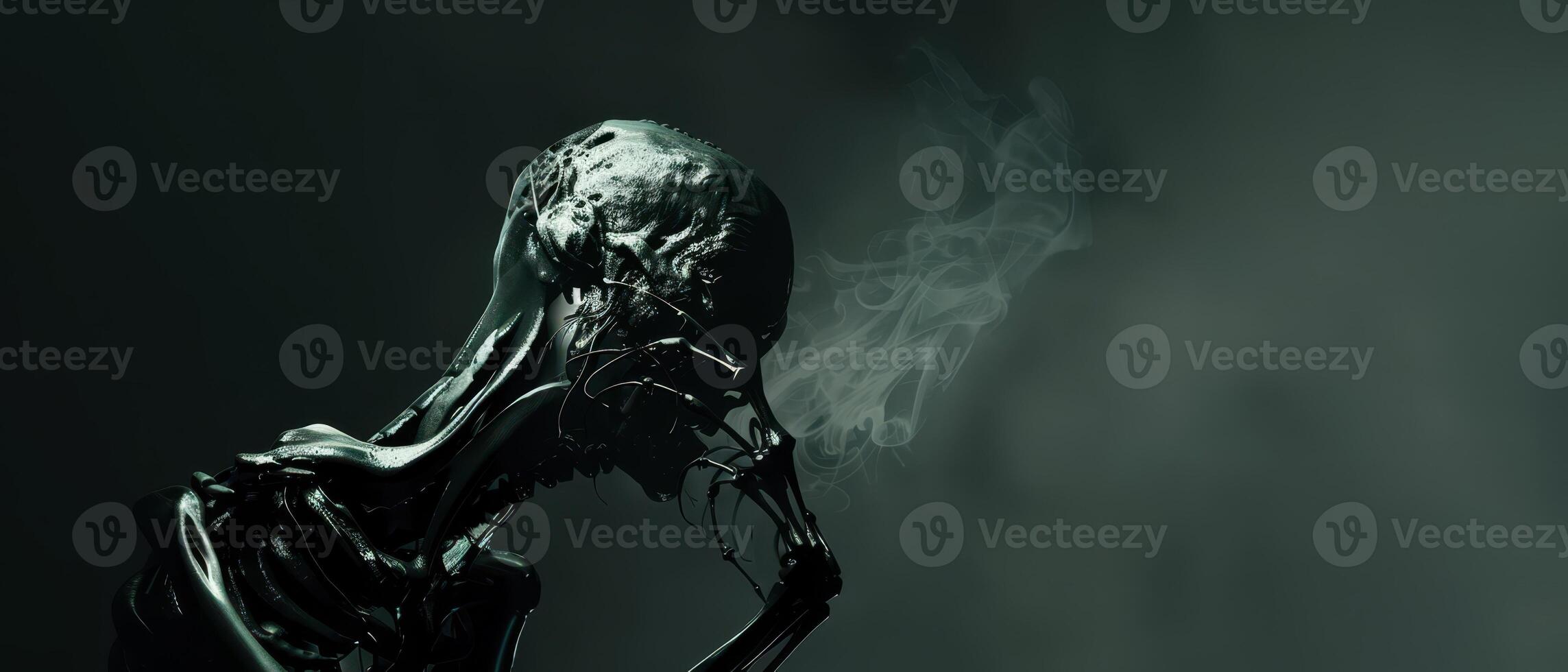 A Disturbing Digital Render of a Decaying Figure Against a Grey Background photo